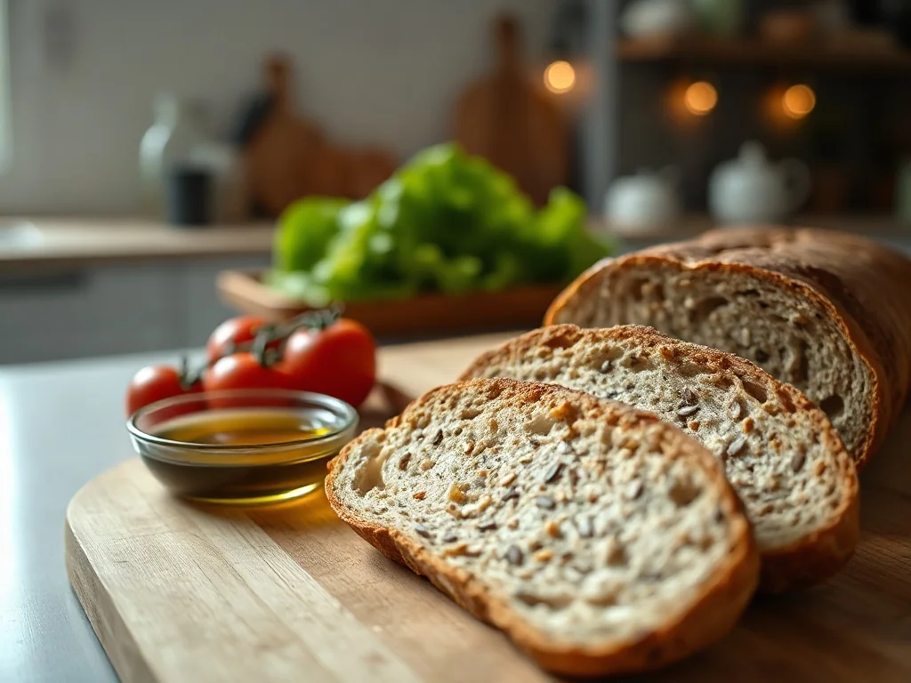 Kromki pełnoziarnistego chleba z ziarnami obok oliwy i warzyw, jako propozycja zdrowego pieczywa na diecie odchudzającej.