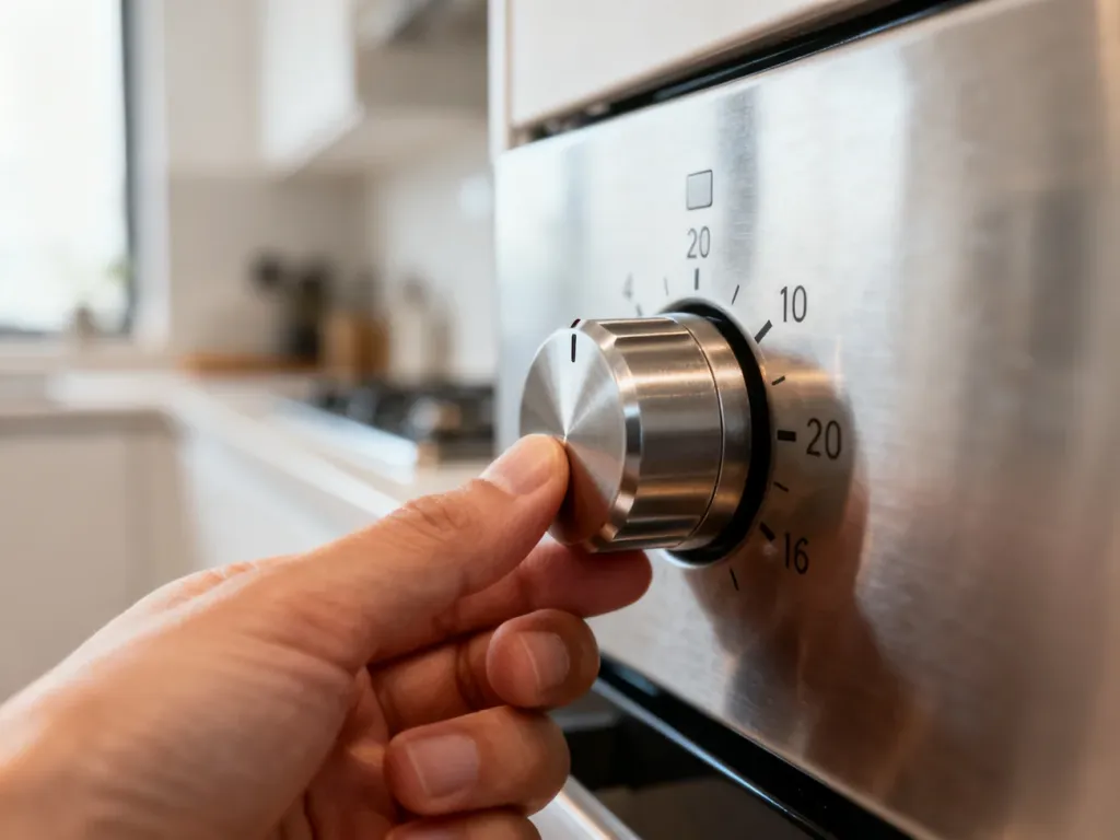 Zbliżenie na dłoń ustawiającą pokrętło piekarnika Mastercook, ułatwiające zrozumienie oznaczeń temperatury.