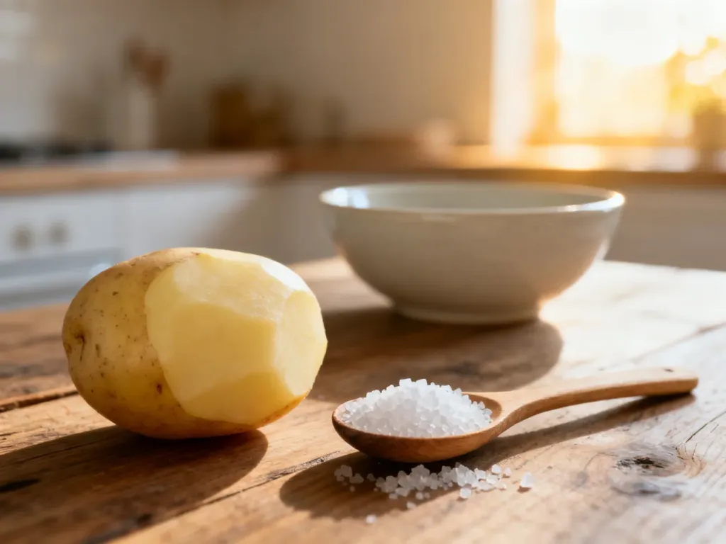 Obrana surowa ziemniaczana bulwa obok drewnianej łyżki z grubą solą morską na kuchennym stole.