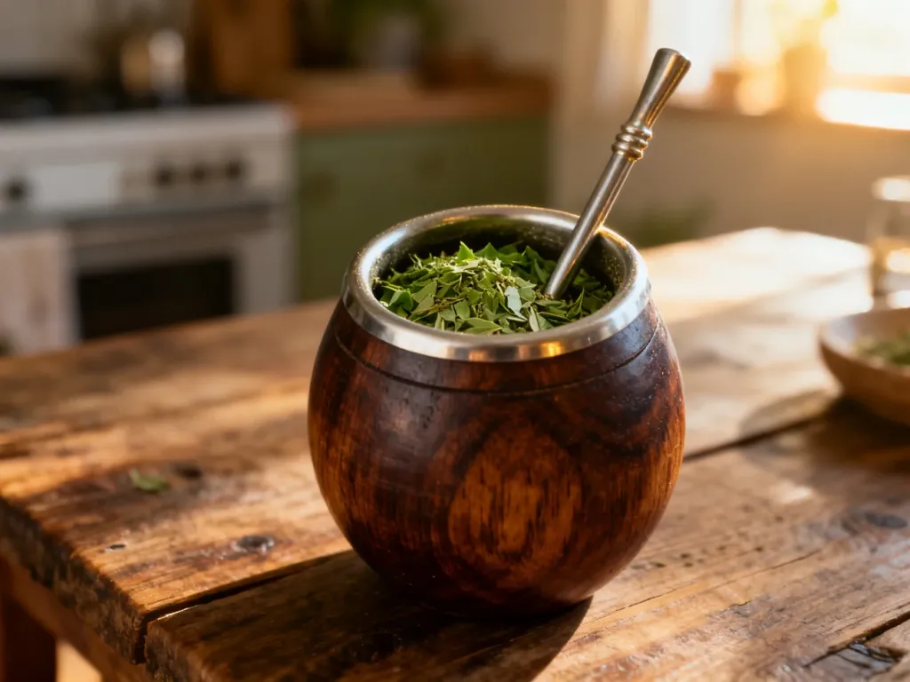 Drewniane naczynie z yerba mate i metalową bombillą na rustykalnym stole w słonecznej kuchni.