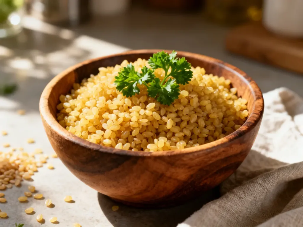 Miska ugotowanej kaszy bulgur z natką pietruszki na drewnianym stole w słonecznej kuchni.