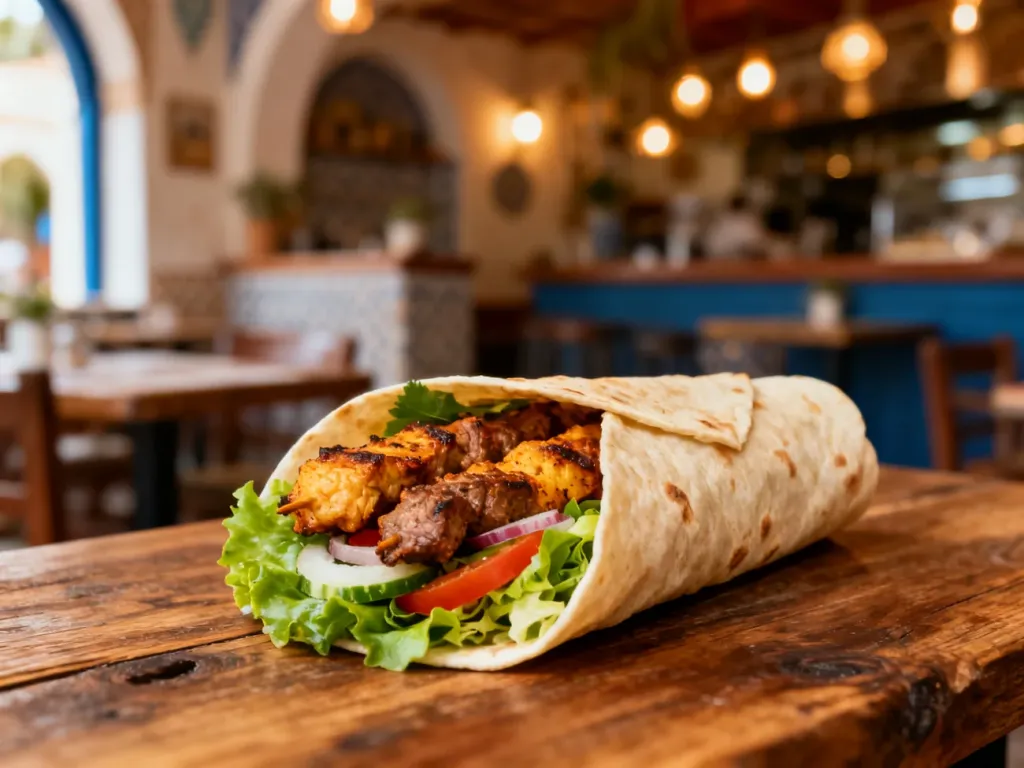 Apetyczny kebab w tortilli z grillowanym mięsem i świeżymi warzywami na drewnianym stole w przytulnym bistro.