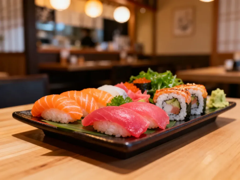 Świeży zestaw sushi z łososiem i tuńczykiem na drewnianym stole w klimatycznej japońskiej restauracji.