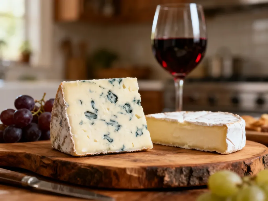 Deska serów pleśniowych, w tym brie i sera z niebieską pleśnią, podana z winogronami i winem na drewnianej desce.
