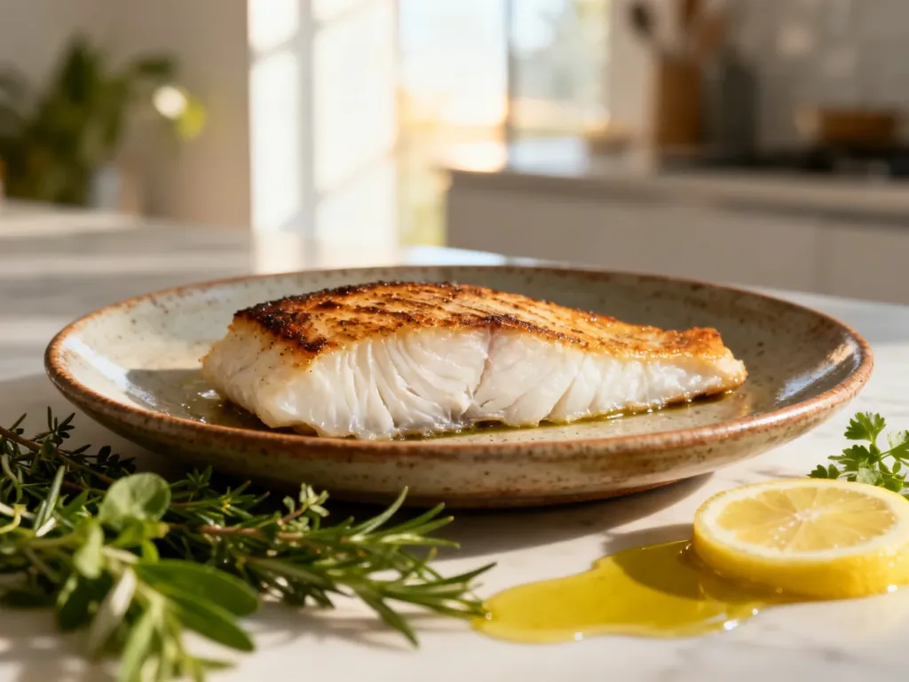 Smażony filet z halibuta na ceramicznym talerzu, podany z cytryną i świeżymi ziołami w jasnej kuchni.