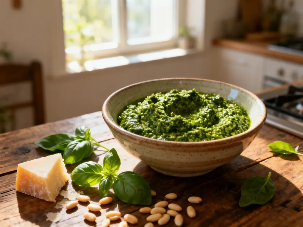 Miska świeżego, zielonego pesto z bazylii w otoczeniu składników: orzeszków pinii, parmezanu i świeżych liści ziół.