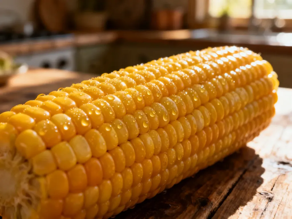 Świeża kolba kukurydzy z kroplami rosy na ziarnach, podkreślająca naturalność i wartości odżywcze produktu.
