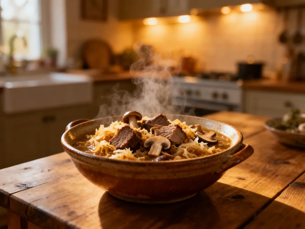 Parująca miska tradycyjnego polskiego bigosu z mięsem i kapustą na drewnianym stole w przytulnej kuchni.