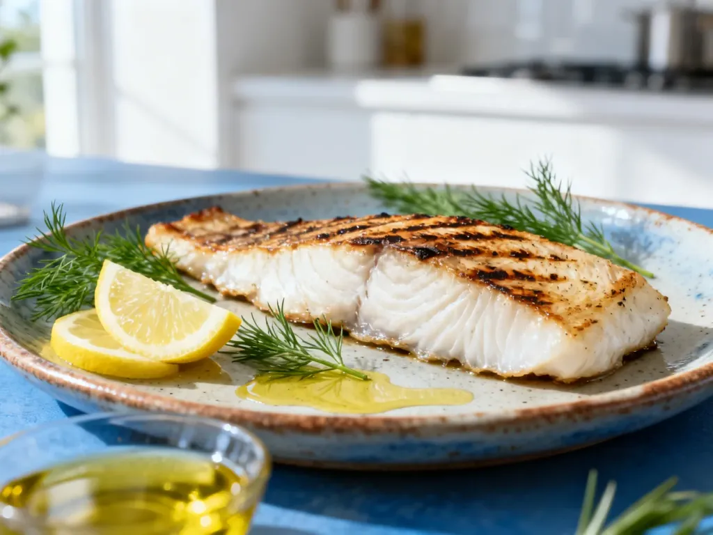 Apetyczny filet z grillowanej miruny podany na ceramicznym talerzu z cytryną, koperkiem i oliwą.