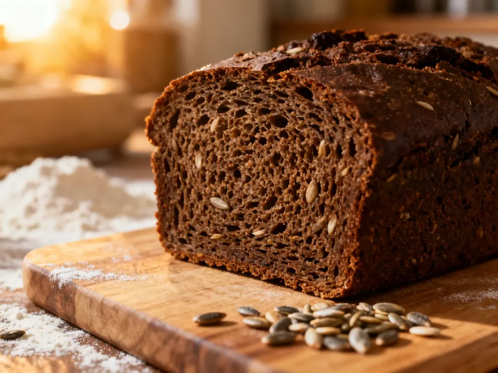 Kromka ciemnego, ziarnistego pumpernikla na drewnianej desce w ciepłym, kuchennym świetle.