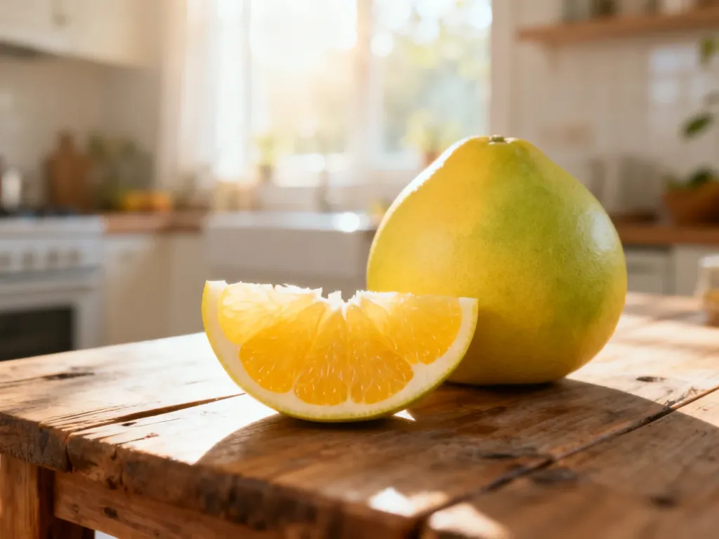 Świeże pomelo w przekroju oraz cały owoc na drewnianym stole w słonecznej kuchni.