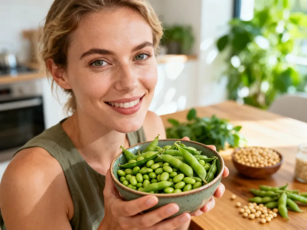 Kobieta trzymająca miskę świeżego edamame w nowoczesnej kuchni, otoczona naturalnymi produktami sojowymi.