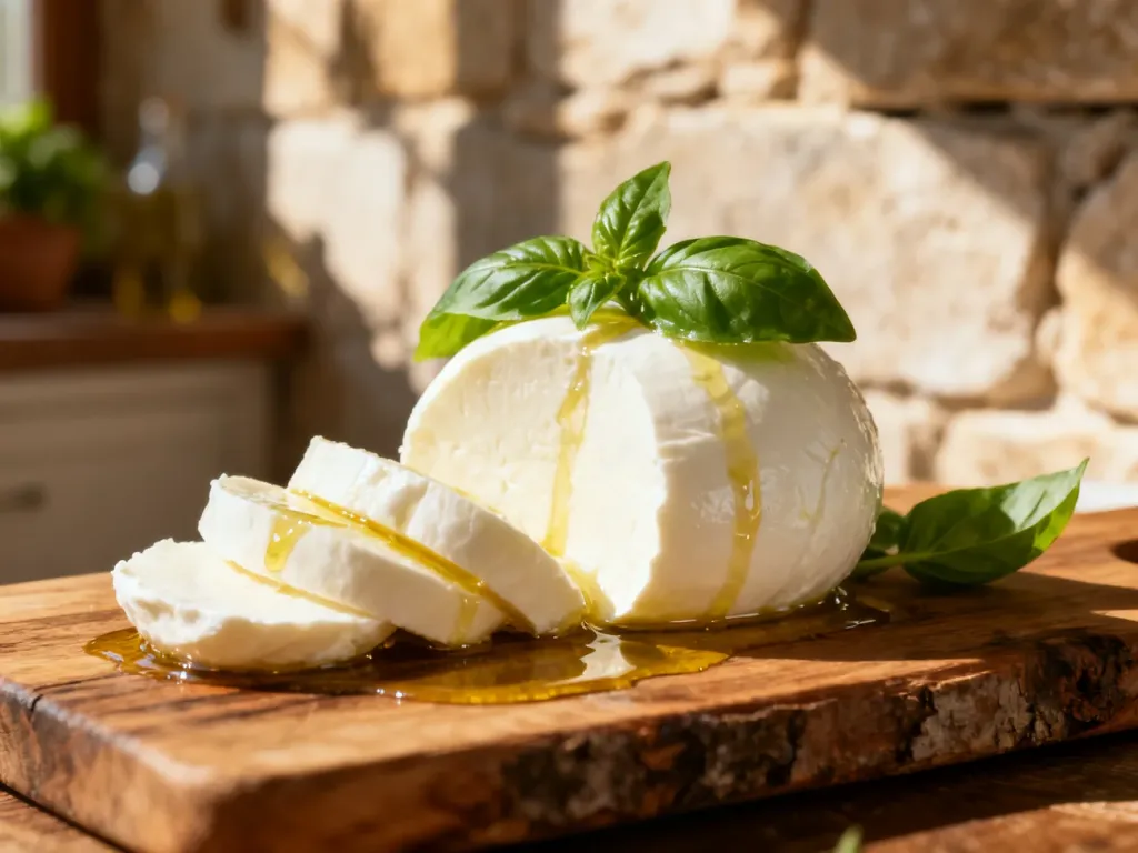 Świeża mozzarella z bazylią i oliwą na drewnianej desce, podkreślająca naturalny i zdrowy charakter sera.