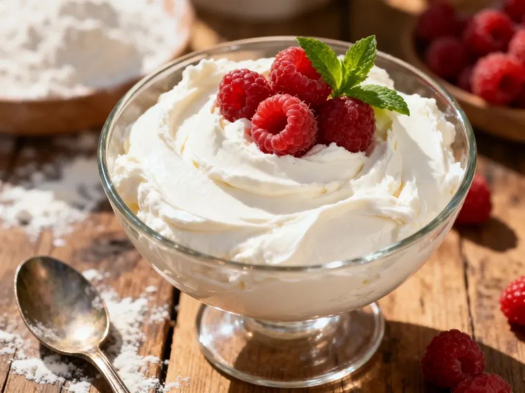 Szklana miseczka z kremowym serkiem mascarpone, udekorowana świeżymi malinami i miętą na rustykalnym drewnianym stole.