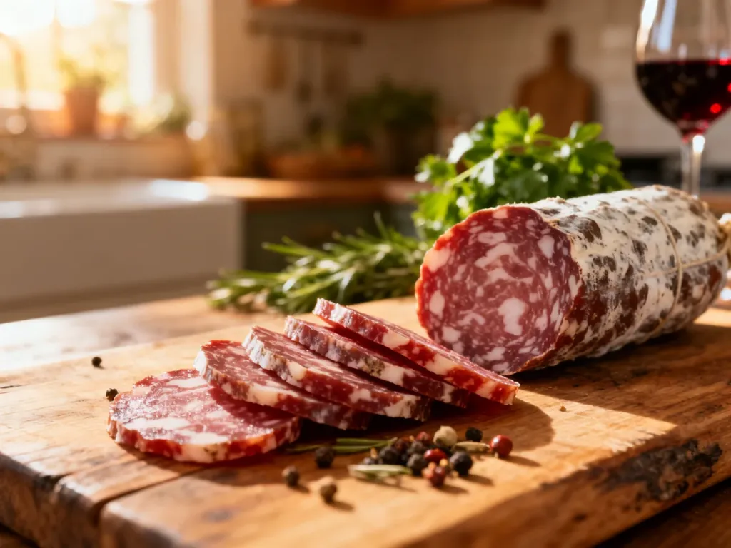 Cienko pokrojone salami na drewnianej desce w otoczeniu ziół i wina, podkreślające jakość i teksturę produktu.