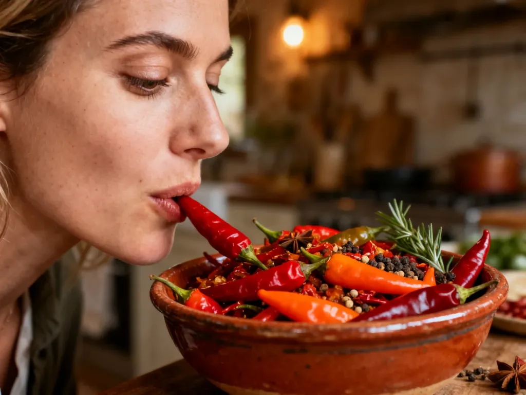 Kobieta delektująca się pikantnym daniem z papryczkami chili w przytulnej kuchni.