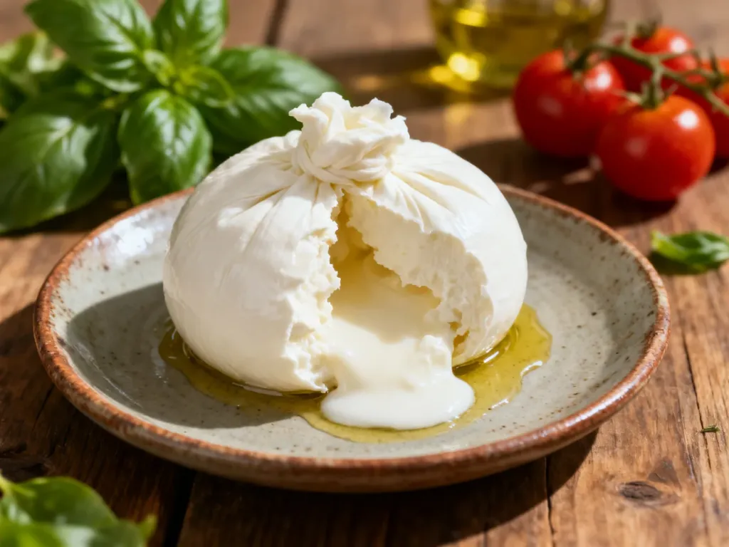 Świeża burrata na ceramicznym talerzu z pomidorkami i bazylią, ukazująca kremowe wnętrze sera.