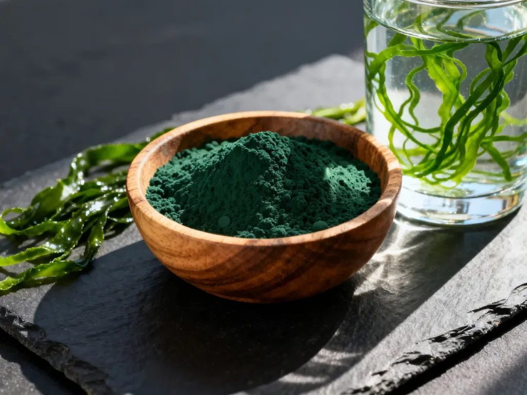 Intensywnie zielony proszek spiruliny w drewnianej miseczce oraz świeże algi w szklance wody na ciemnym tle.