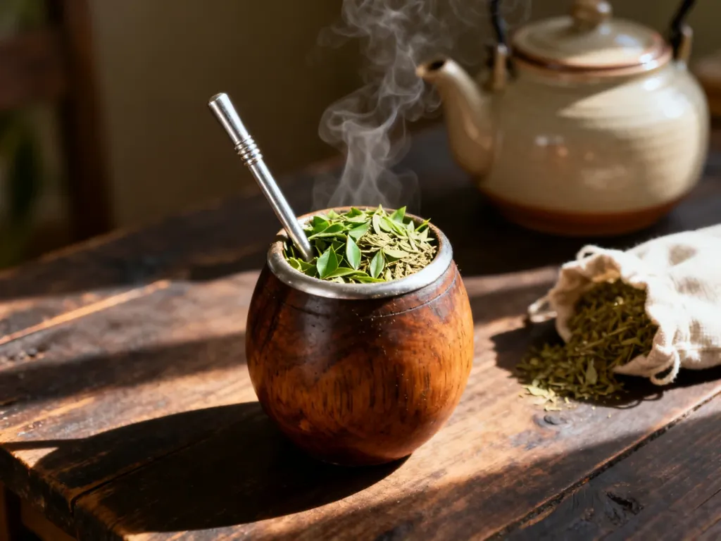 Tradycyjne naczynie z yerba mate i bombillą na drewnianym stole w promieniach porannego słońca.