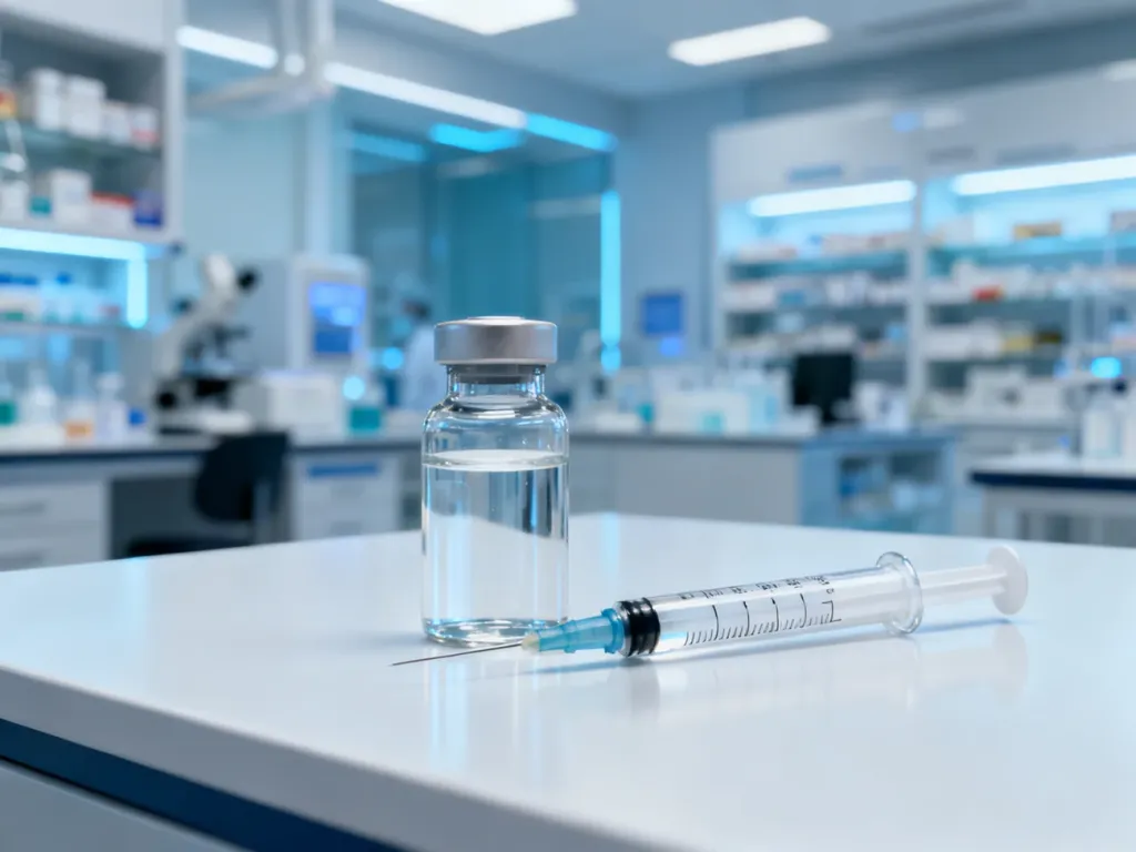 Szklana fiolka z płynem i strzykawka na sterylnym blacie laboratoryjnym, symbolizujące naukowe podejście do preparatów peptydowych.
