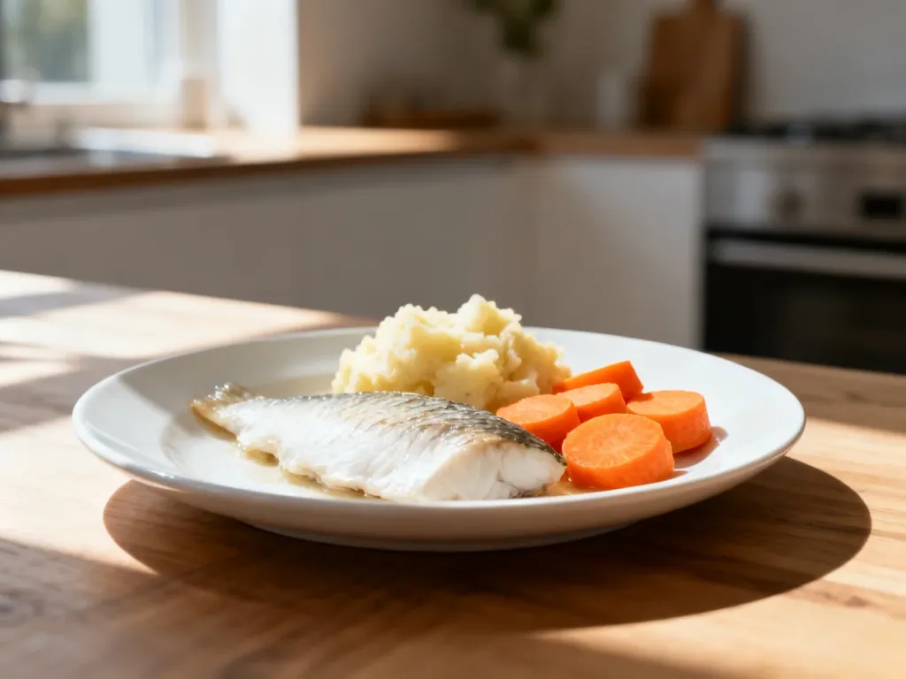 Lekkostrawny posiłek z gotowaną rybą, marchewką i puree ziemniaczanym, idealny w diecie trzustkowej.